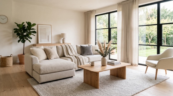 Helles, minimalistisches Wohnzimmer mit Blick in der Garten