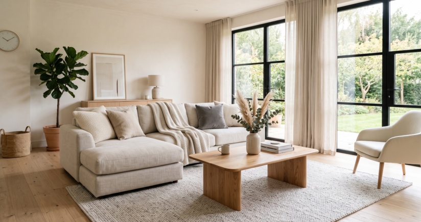 Helles, minimalistisches Wohnzimmer mit Blick in der Garten