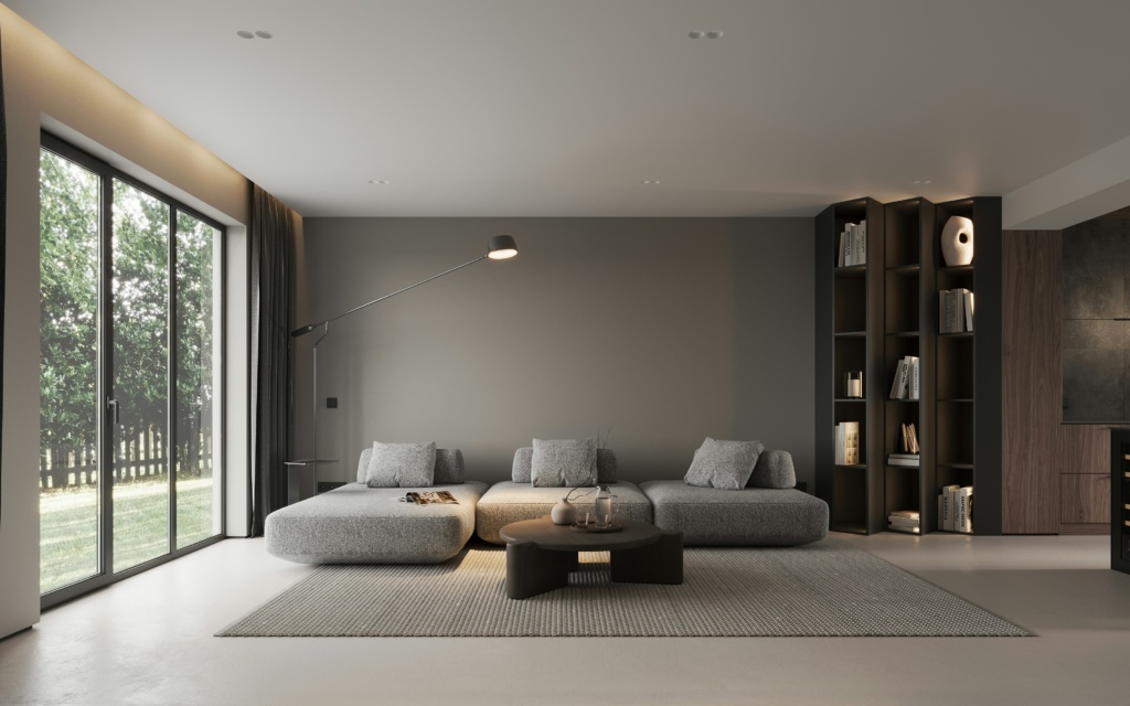 Modernes Wohnzimmer mit grauer Sofalandschaft, einer großen Fensterfront, dunklem Regal und minimalistischer Einrichtung.