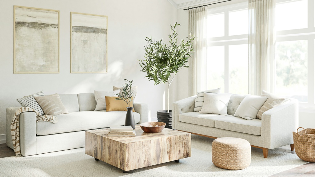 Helles Wohnzimmer mit zwei Sofas, Holztisch, dekorativen Kissen und großen Fenstern im modernen, natürlichen Einrichtungsstil.
